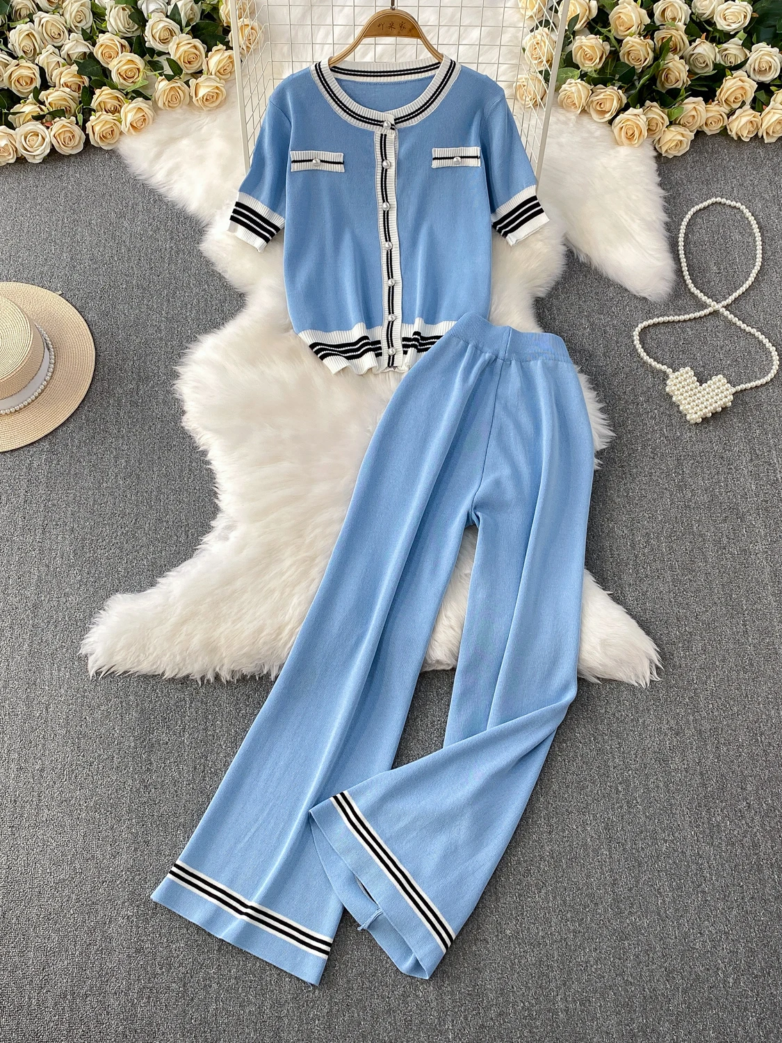 

Casual Knitted round Ne ort Sve Top And High Waist Straight Leg Wide Leg Pants Two Piece Set College Sle Ele Col...