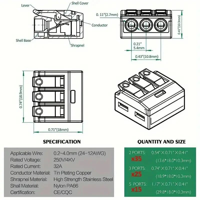 クイックコネクト端子台 2/3/5ポート 透明電気コネクタ 250V 純銅製 工具不要 撚り線/単線対応