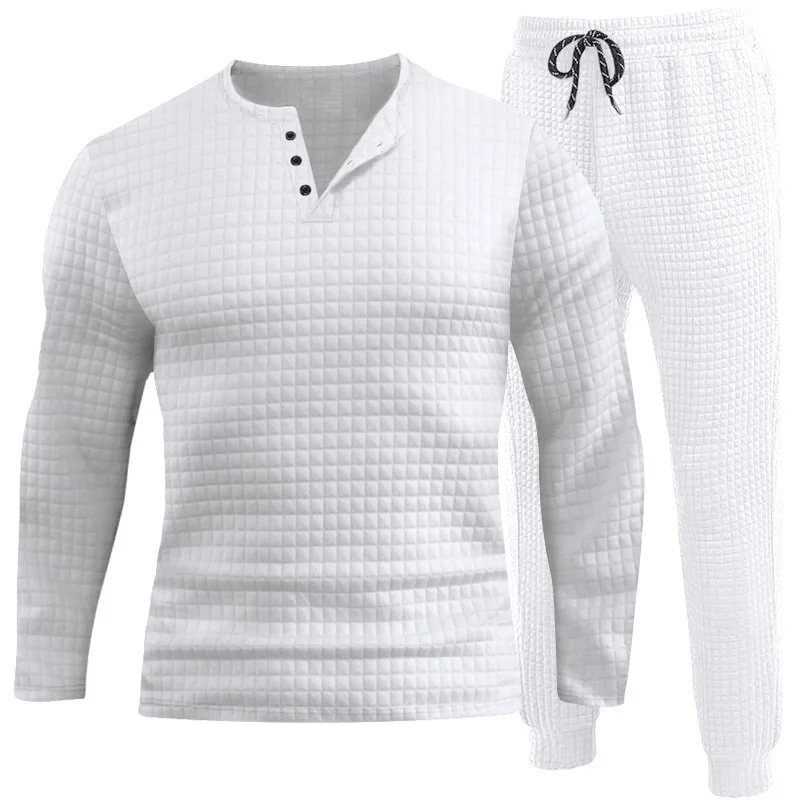 Henley Shirt Männer 2 stücke Sets Frühling Herbst Trainings anzüge Polos hirts Hosen Outdoor Freizeit anzüge Jacquard kleines Quadrat einfach passend