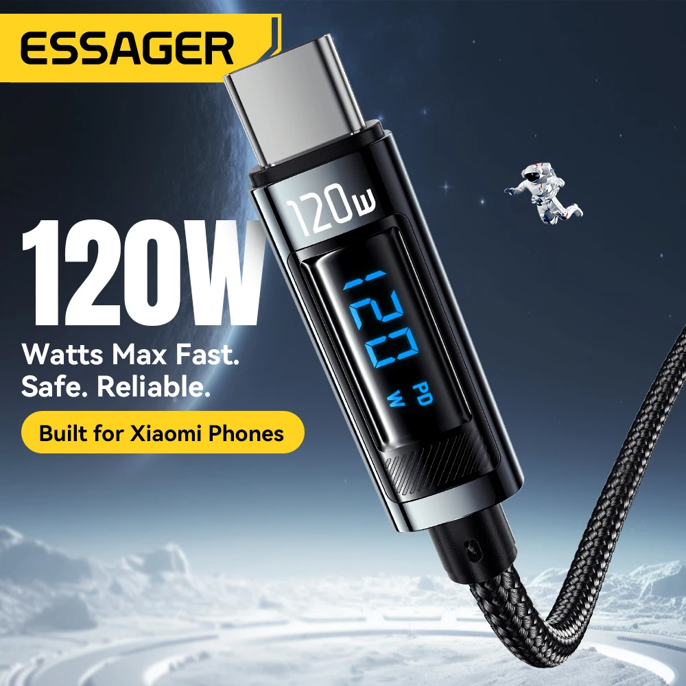 Essager-USB Type-C充電ケーブル,LEDデジタルディスプレイ,120W,6a,Xiaomi 14pro,redmi k70,poco x6,Black shark,3pro