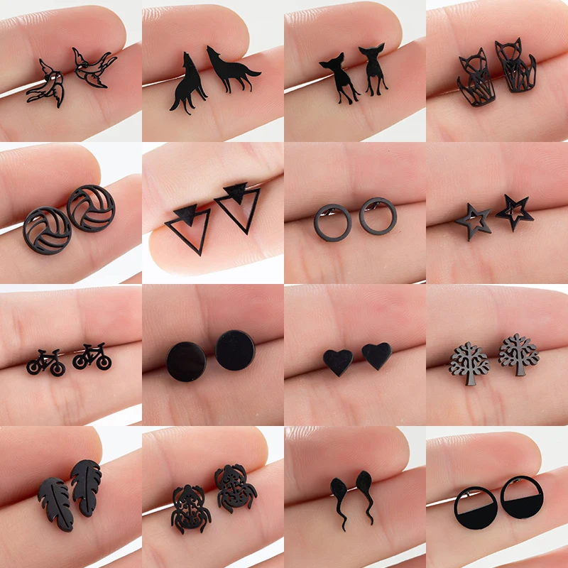 Mini Black Stainless Steel Earrings for Women Men Fashion Round Volleyball Star Music Earring Chihuahua Studs Wholesale