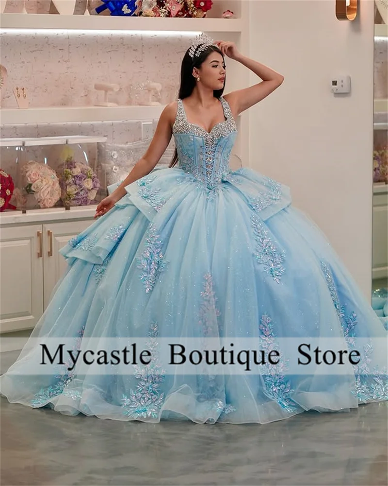 

Sky Blue Lace Appliques Quinceanera Dresses Off Shoulder Beading Crystal Birthday Party Dress Vestidos 15 De Anos Customized