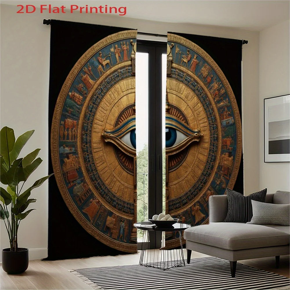 2Pcs Egyptian Eye of Horus Gold Blue Tutankhamun Print 2D Flat Curtains for Living Room Bedroom Home Decor