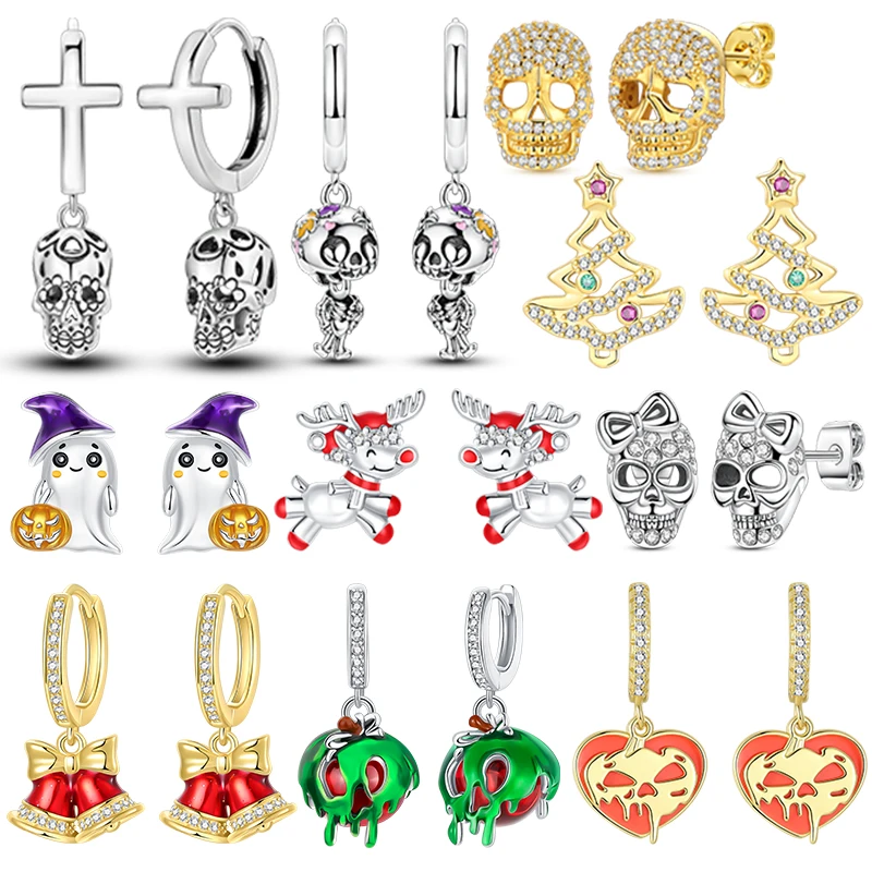 Original 925 Sterling Silver Halloween Skull Earrings Women Zircon Ear Studs Sparkling Earring Anniversary Jewelry Gift