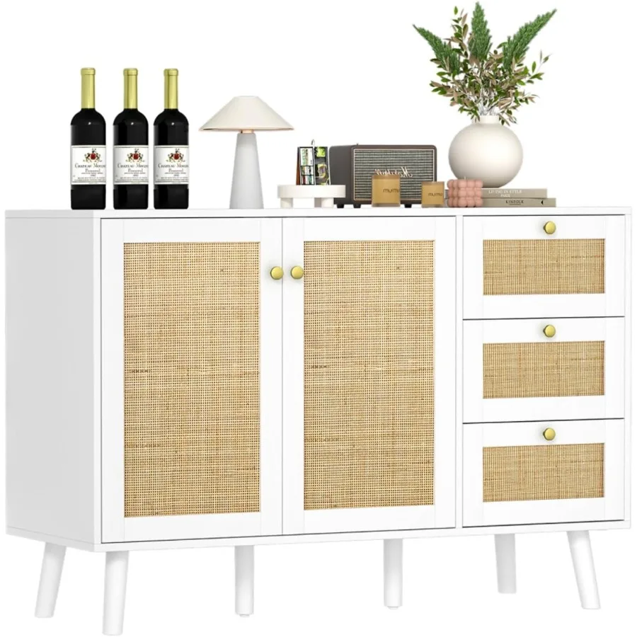 خزانة بوفيه جانبية مع خزانة تخزين خشبية بيضاء مع بابين و3 أدراج خزانة مميزة لبار القهوة للمطبخ L #1