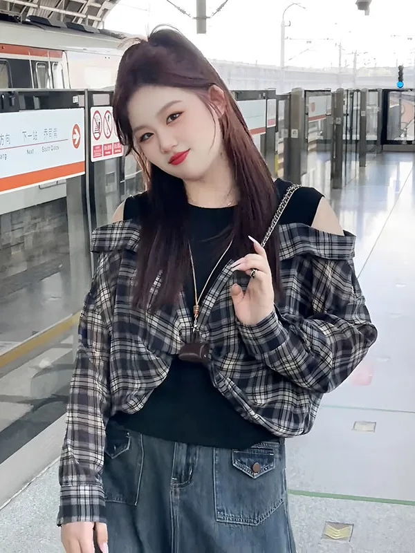 

plus Size Checkered Shoulder Bared Long Sleeve Shirt Women's Early Spring New Style Slimming Elegant Top Korean Style Commute