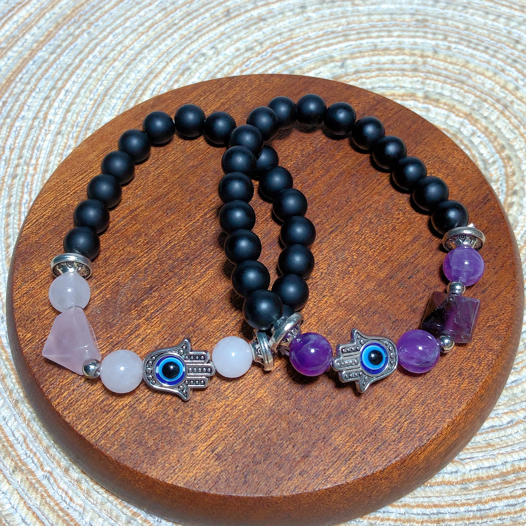 Natural Crystals Evil Eye Rose Quart Amethyst Bracelets Scintillating Elastic Gemstones Women Men Jewelry Energy Ore