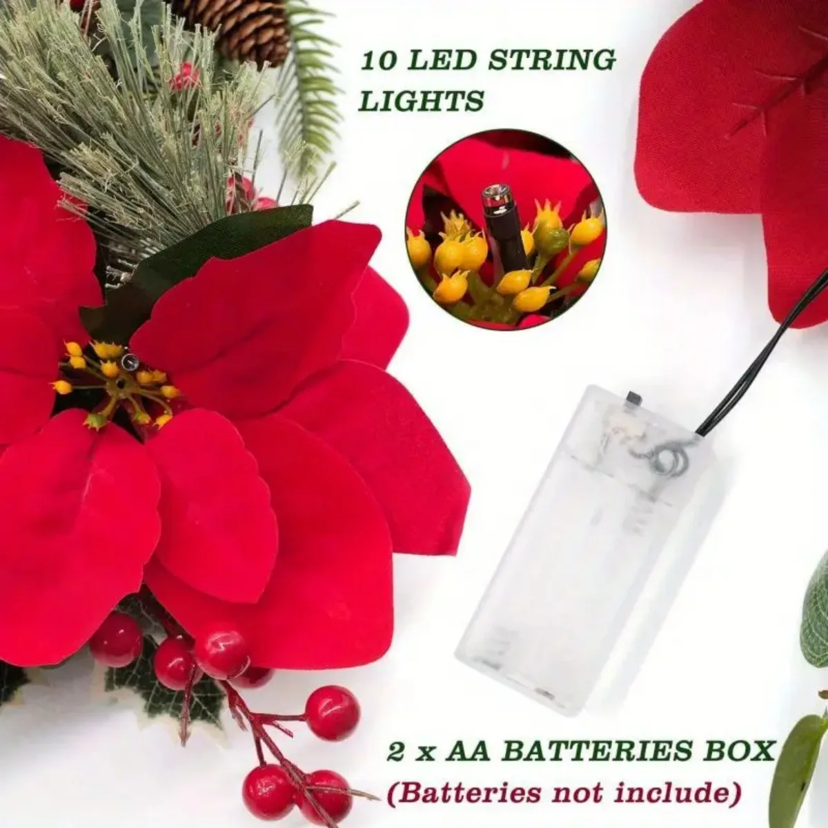 1PC 10/20 LED Poinsettia Christmas Garland Lights With Red Berries & Holly Leaves Battery Operated For Holiday Indoor Xmas Decor