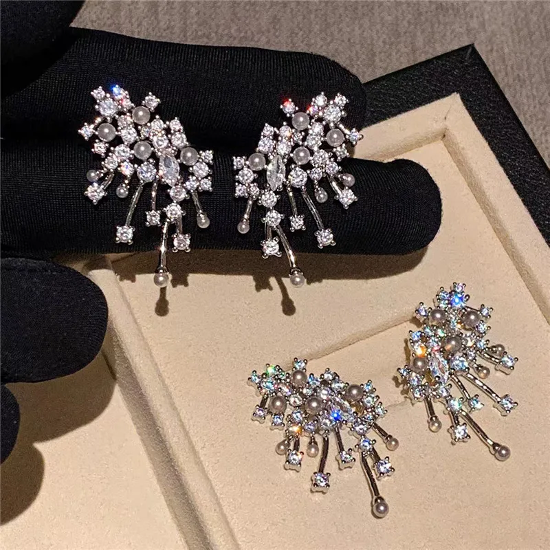 

Elegant Silver Sparkling Firework Pearl Stud Earrings Luxury Feelings Daily Commute Travel Ladies Jewelry Accessory