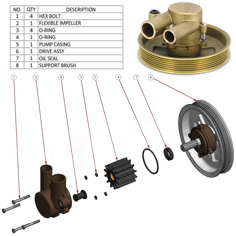 Raw Sea Impeller Water Pump with Serpentine Pulley 21212799 Replace 3812519 for Volvo Penta V6 V8 4.3 5.0 5.7