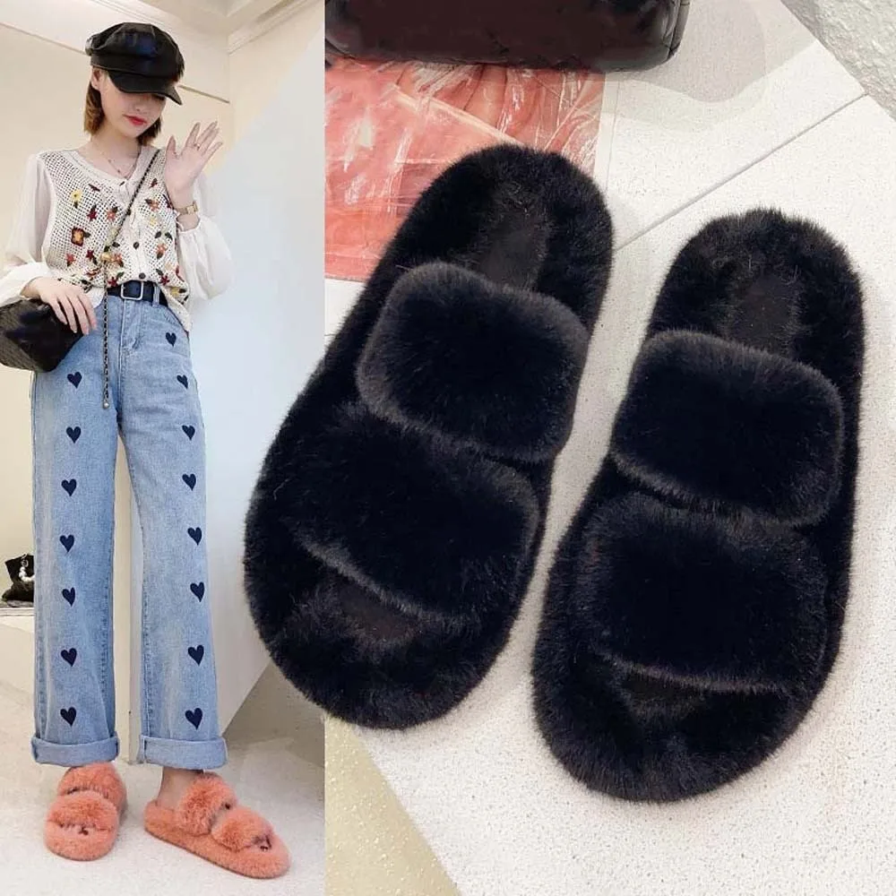 

Casual Soft Winter Open Toe Slippers Anti-slip Thickened Plush Cotton Slippers Furry Double-bar Warmer Home Cotton Shoes Bedroom