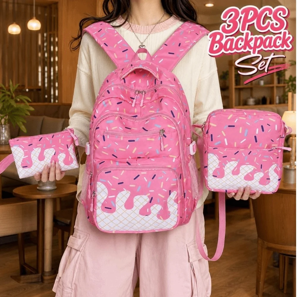 3PCS Cute Ice Cream Print Backpack Set Waterproof Spacious School Backpack Colorful Durable Printed Schoolbag Campus