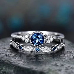 2 PCs Silver-Color Vintage Blue Zircon Ring For Women Fashion Classic Wedding Purple Pattern Ring Jewelry Set Gift