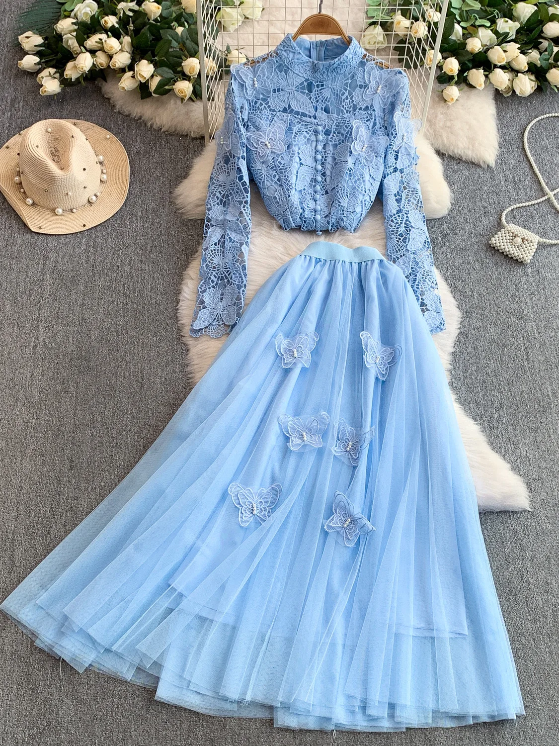 

Ele Lace round Ne Top with Flared Skirt Two Piece Set Anti-Wrinkle Summer Casual Faion for Young Women