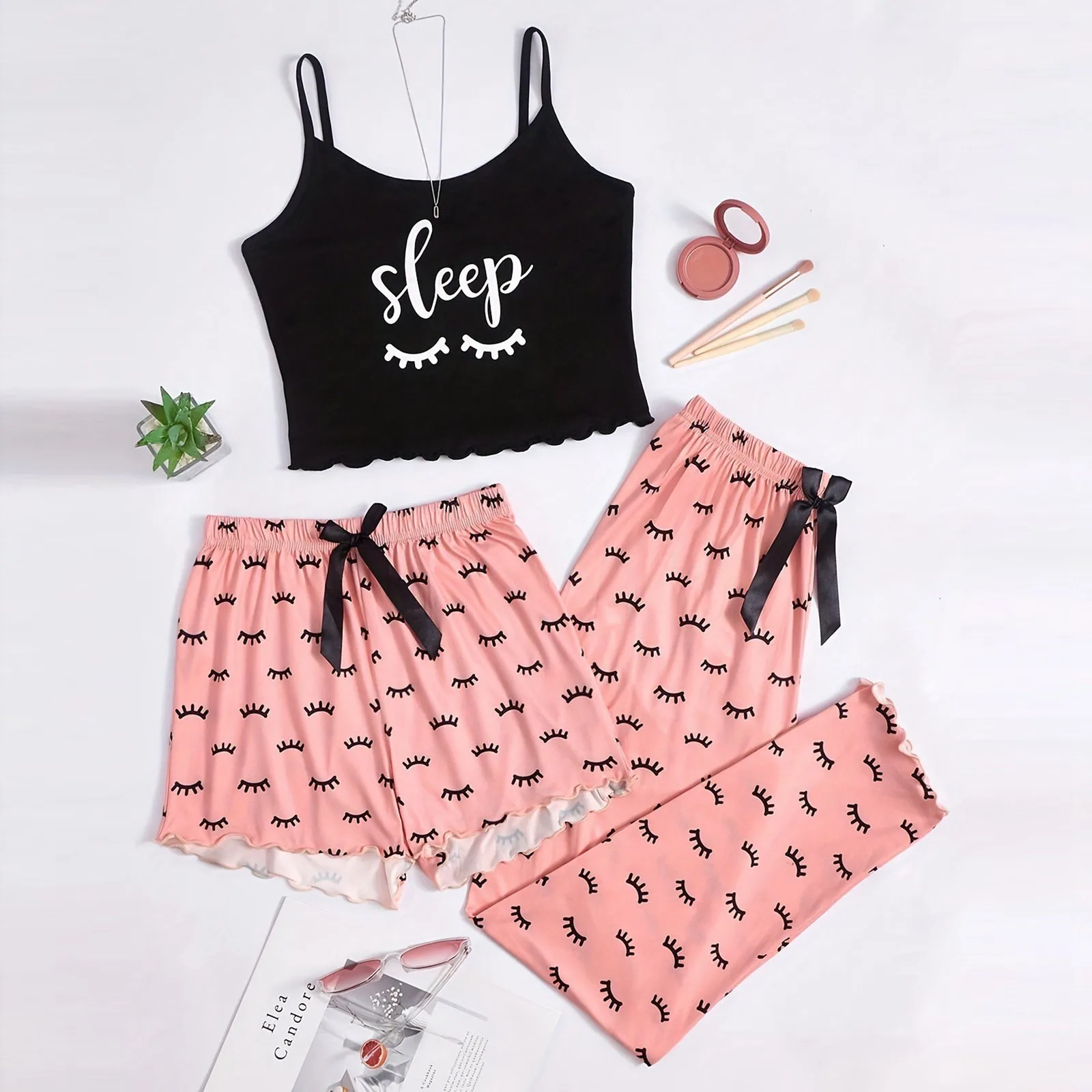 Women's 3 Piece Summer New Letter Eyelash Print Strap Top and Bow Decoration Shorts Women's Sexy Home Pajama Set