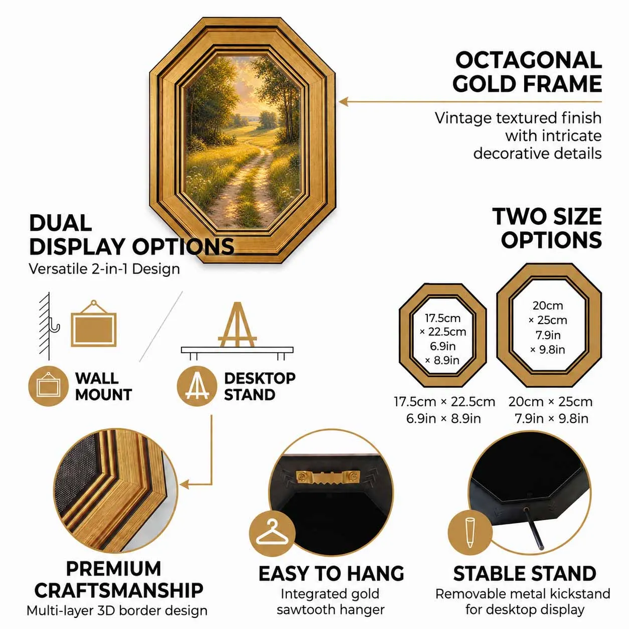Vintage Octagon Gold Frame Four Season Landscape Painting, Dual Use Tabletop Hanging Rustic Nature Scenery Wall Decor