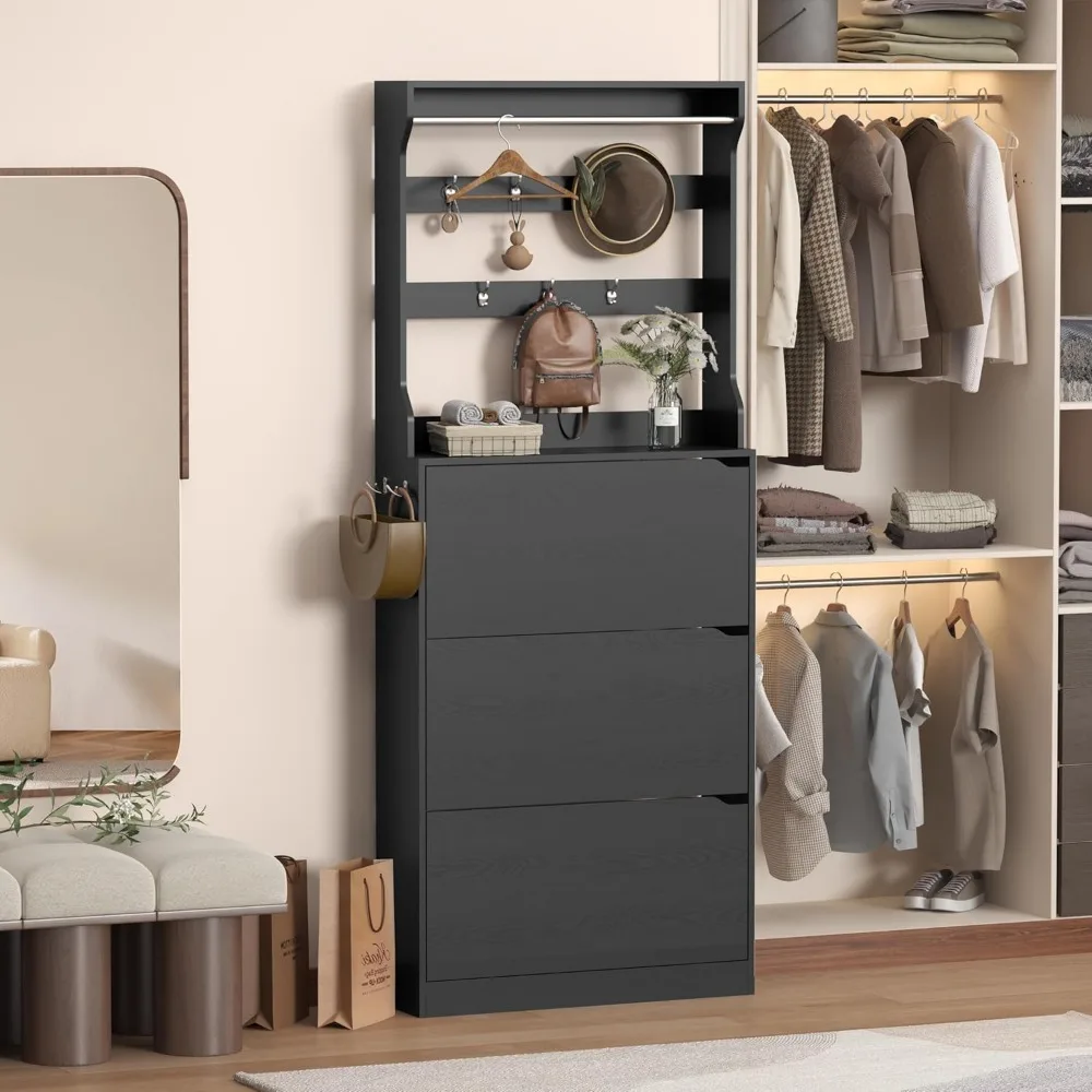 Shoe Cabinet with Coat Rack, Slim Hidden Shoe Storage Cabinet for Entryway,Freestanding Shoes Rack Organizer with 3 Flip Drawers