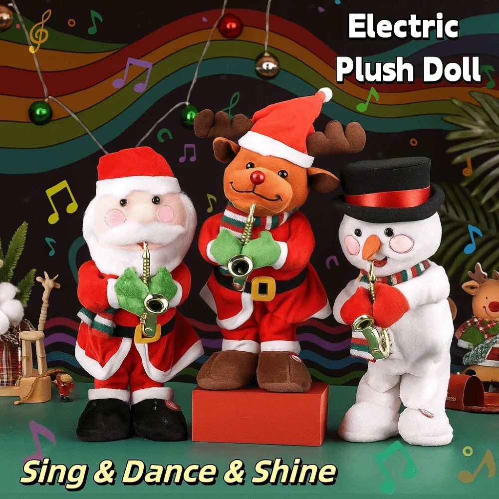 Cute Santa Claus Christmas 35cm Snowman Elk Electric Funny Blowing Saxophone Dancing Singing Stuffed Christmas