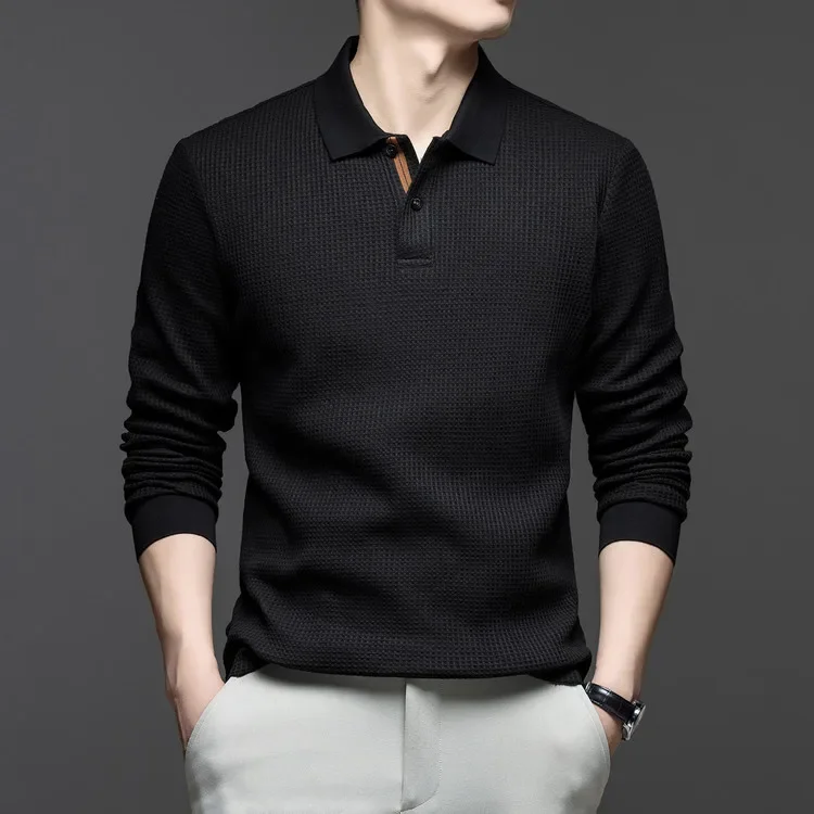 Langarm-Poloshirt aus Waffelstrick – Weiche Baumwollmischung, Slim Fit, Lässiges Business-Oberteil für Herbst und Winter, Mehrfarbig – Detail 15