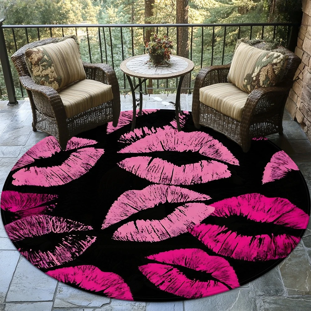Pop Art Hot Pink Lip Kiss Pattern Circular Area Rug  Trendy Grunge Lips Print Anti Slip Round Doormat Outdoor Balcony Floor Rug