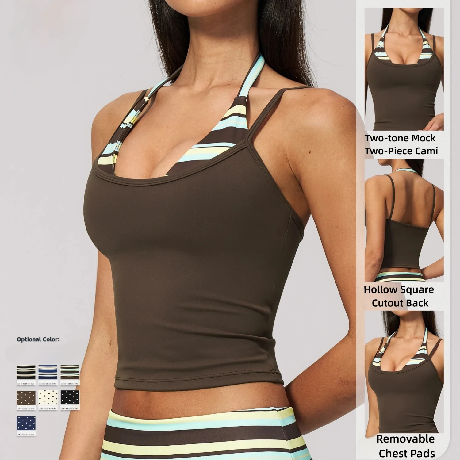 New Women Color Block Polka Dot Halter Double Strap Sports Bra Fake Two Piece Waist Cinching Yoga Tank Slimming Gym Vest