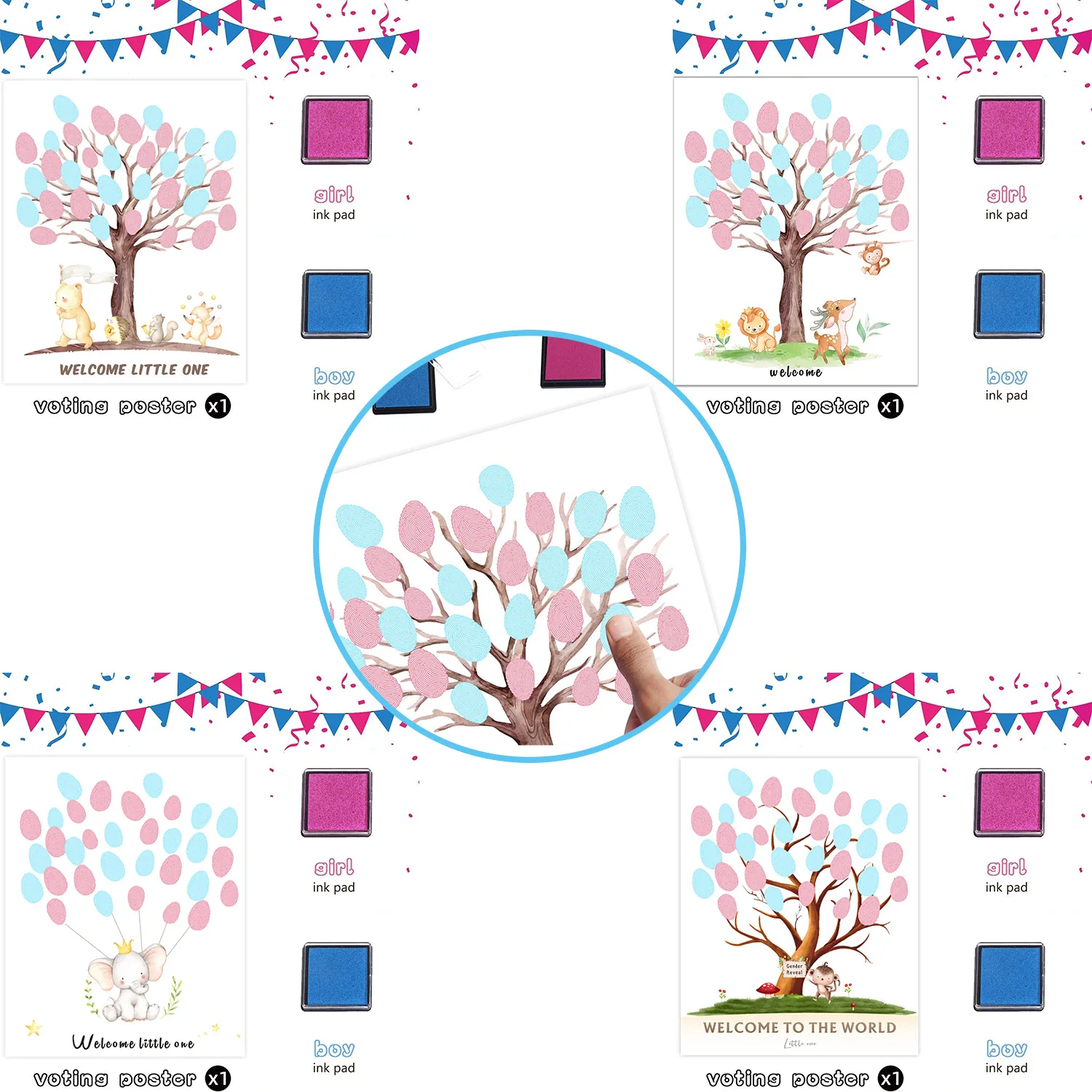 Cute Animals Baby Shower Gender Reveal Fingerprint Tree with Inkpad Party Guest Sign-in Book Special Meaningful Keepsake