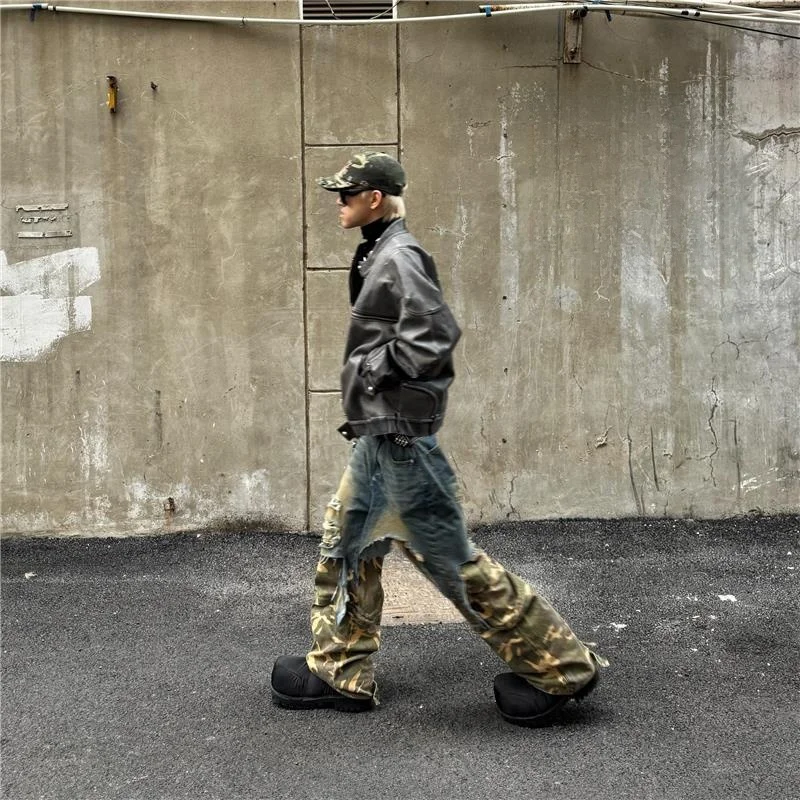 

Waed Vintage Camouflage Denim Pants 7/8 Length Torn Detachable Long Trousers Straight Leg Zipper Fly Sports Wear for Men