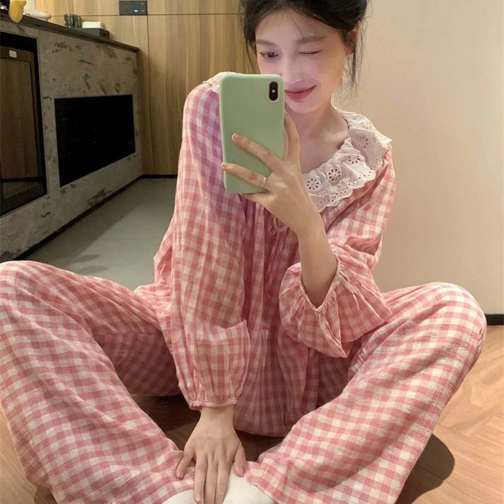 

Elegant Long Sleeve Plaid Lace Pajamas Loose Korean Pajamas Women Ins Style Comfortable Sleepwear Suit Girl Gift