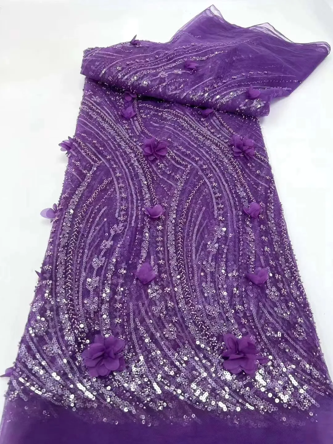 African Sequins Beaded Purple Lace Fabric High Quality French 3D Tulle Lace Fabric 2024 Embroidery Nigerian Lace Fabrics Q132-1