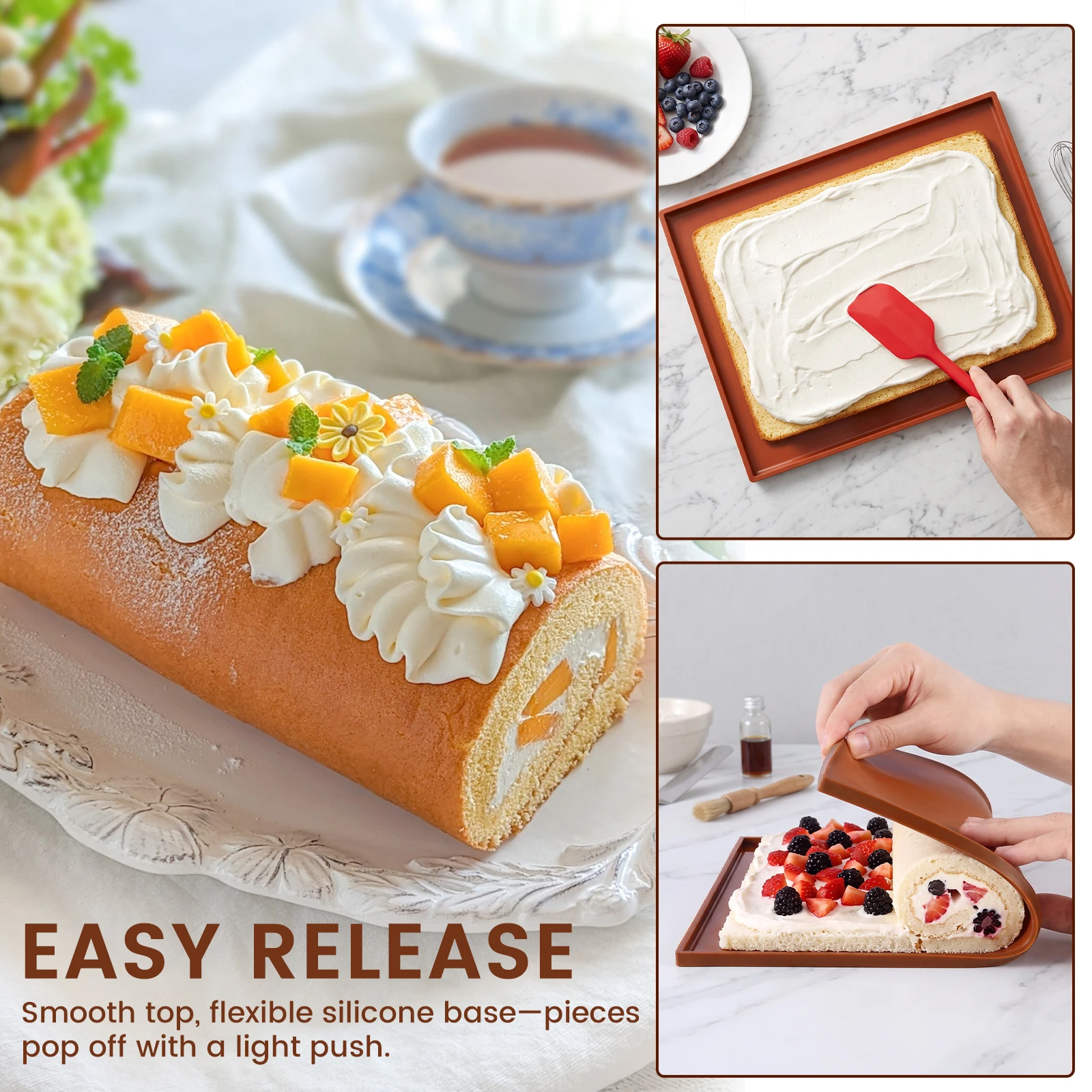 Silicone Swiss Roll Cake Mat Flexible Swiss Roll Baking Mat with Raised Rim Easy Release Cake Roll Mat Tray for Oven Microwave
