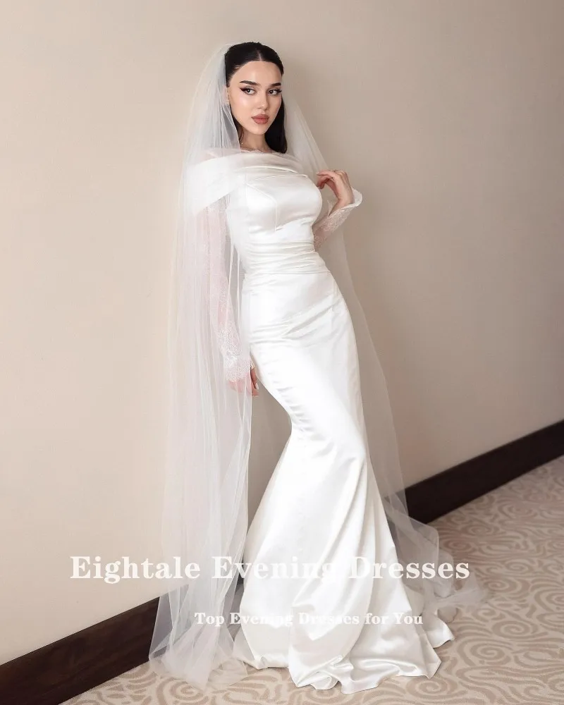 Eightale Arabic Wedding Dress Scoop Lace Customized White Ivory Satin Long Sleeves Muslim Bridal Gown Mermaid Bride Party Dress