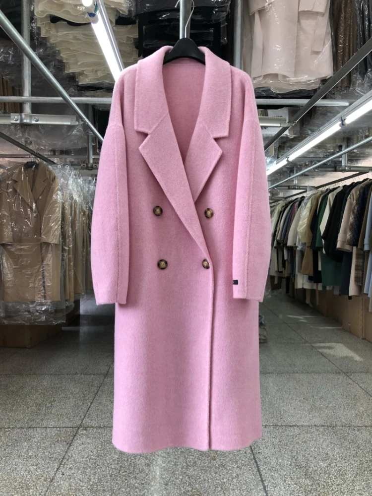 

Pink Color Women Double-sided Wool Coat Long Autumn Winter New Double Breasted Loose Lapel Warm Solid Wool Coat Female Fashion