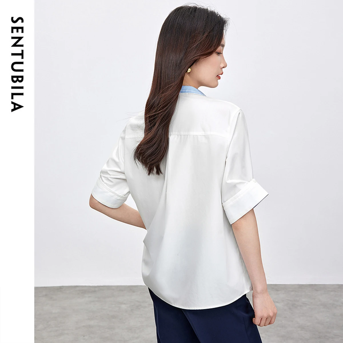 SENTUBILA Stand Neck Women Blouses 2025 New Work Wear Simple Loose Fit Short Sleeve Chic Button Female Shirts 152C59257