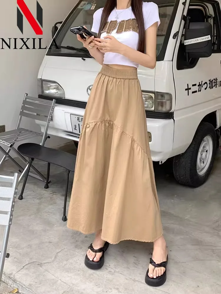 Spring Summer Elegant Women's Skirt A-line Simple Fashion Solid Color Bustier Korean Pleated Splicing Elastic Waist Long Skirt