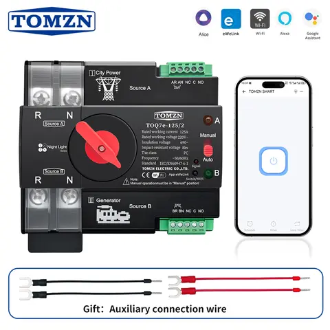 TOMZN Din Rail eWelink WIFI Smart ATS Timer 230V Dual Power Automatic Transfer Electrical Selector Switch Uninterrupted 2P 125A