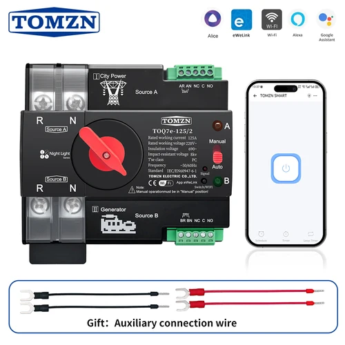 TOMZN Din Rail eWelink WIFI temporizador inteligente ATS 230V Doble potencia transferencia automática interruptor Selector eléctrico ininterrumpido 2P 125A