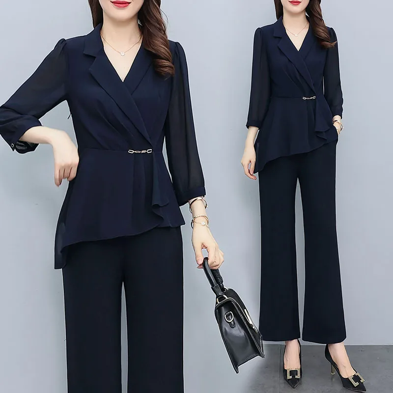 Women Spring Autumn Oversize Pants Sets Office Lady 2 Pieces Outfits Fashion Turn Collar Irregular Hem Top Female Pantsuits