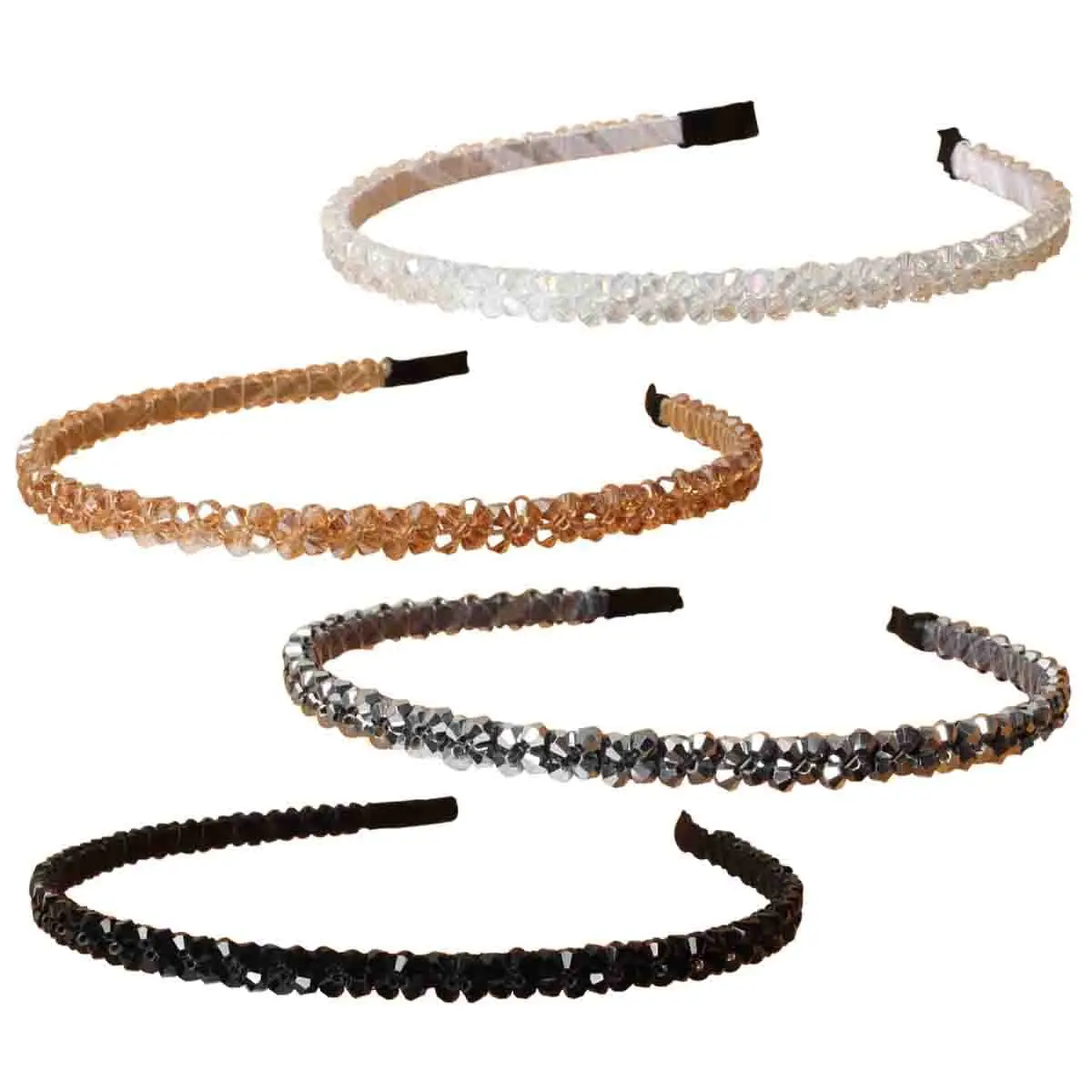 

4 Pk Crystal Rhinestone Headbands for Women - Double Rows Sparkly Beaded Hair Hoops, Clear Black Weave Narrow Hair Bands