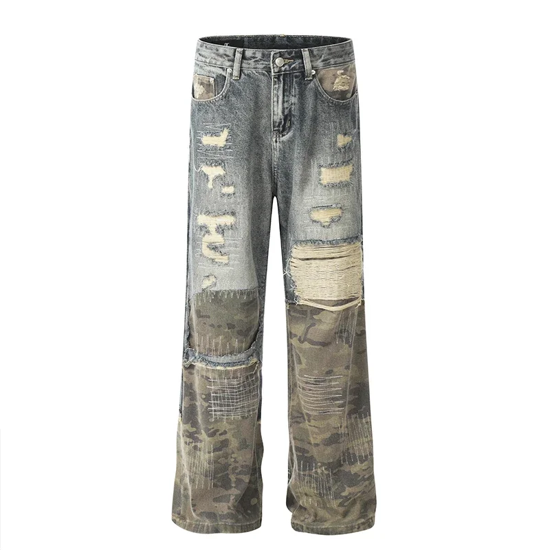 High Street Heren Jeans Y2k Ripped Gestapelde Baggy Denim Broek Mannen Patchwork Camouflage Rock Hip Hop Broek Mannelijke streetwear Nieuw