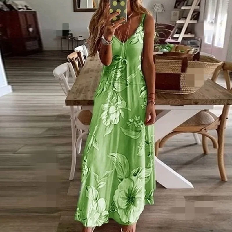 2024 Spring Summer Dress Women Green Floral Print V-Neck Long Dresses Casual Bohemian Sleeveless Women Beach Party Dress