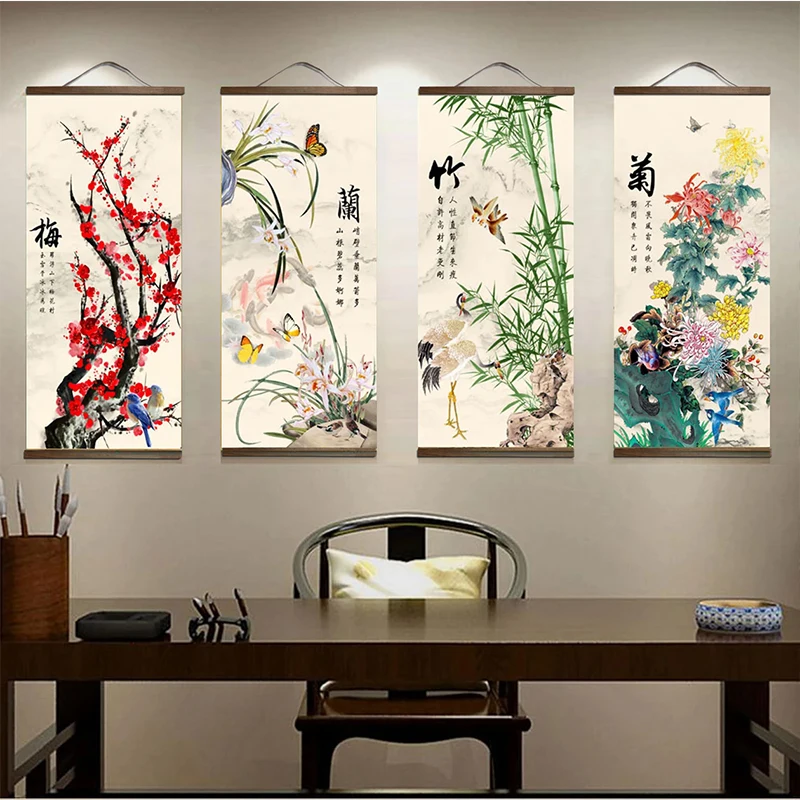 Printed Poster Nordic Canvas Painting Chinese Flower Bamboo Orchid Plum Blossom Chrysanthemum Wall Art for Gift Home Room Decor