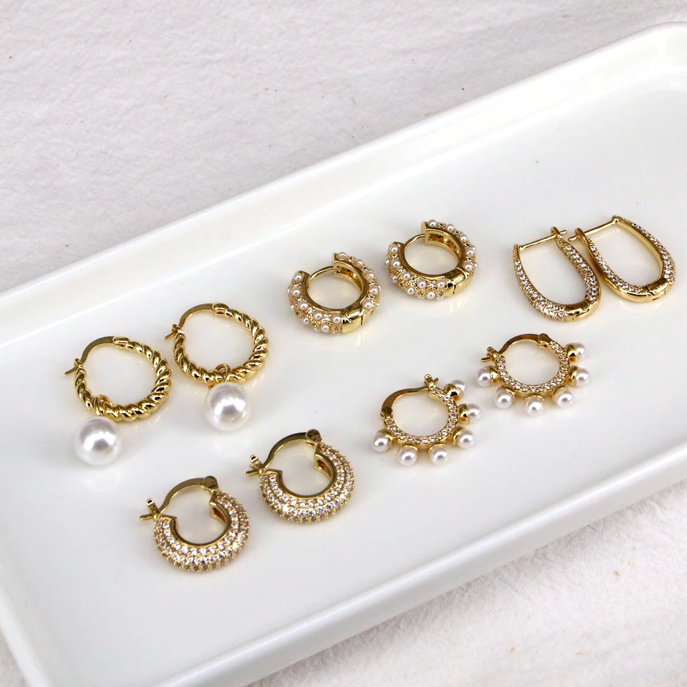 5 Pairs, Vintage Zircon Round Circle Hoop Earrings for Women Golden Pearl Shell Korean Fashion Jewelry 2023 Trendy Earrings