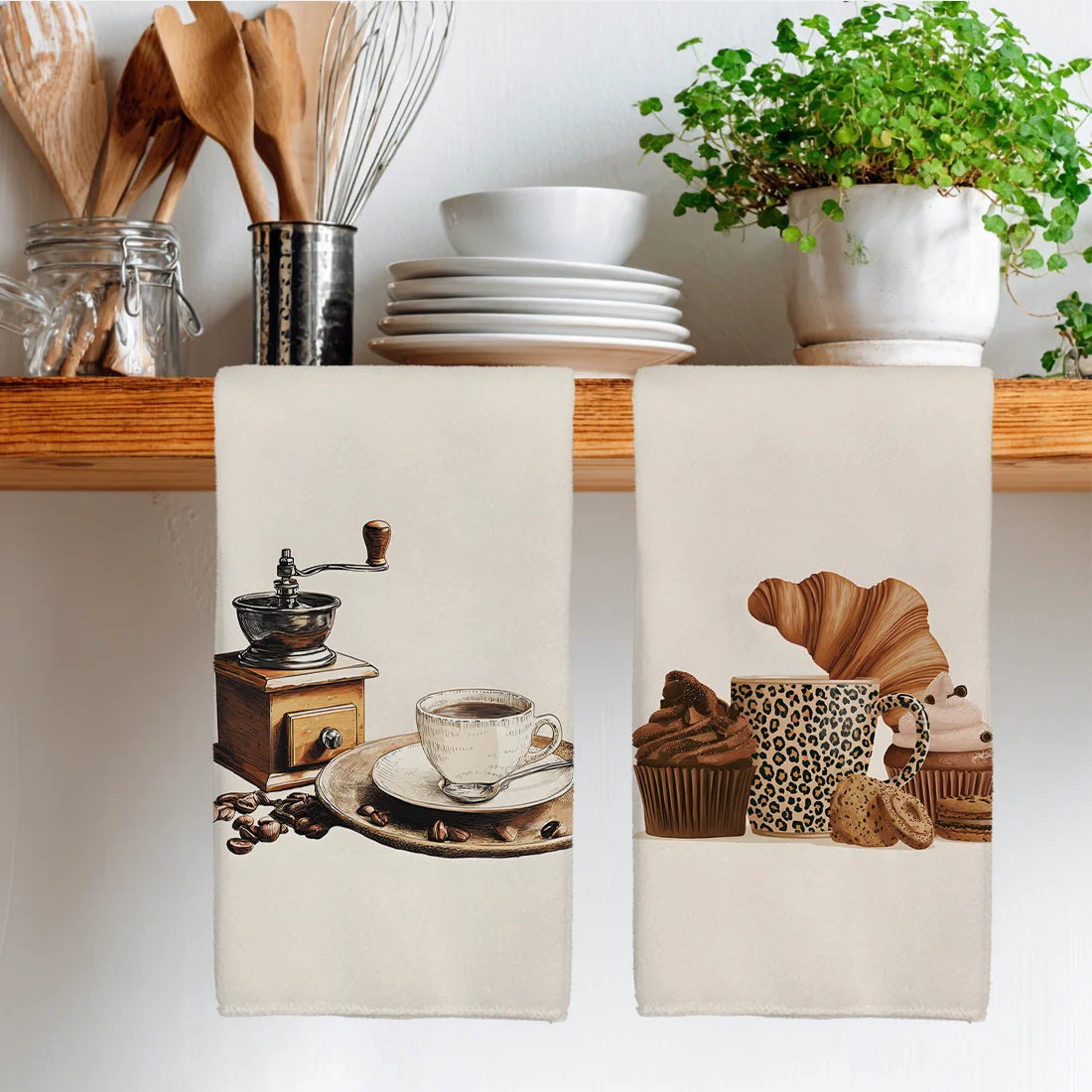 2PCS Vintage Coffee Machine Coffee Cup Dessert Kitchen Towels Dish Towel Dish Cloths Dry Cloth for Kitchen Decor 40x60cm
