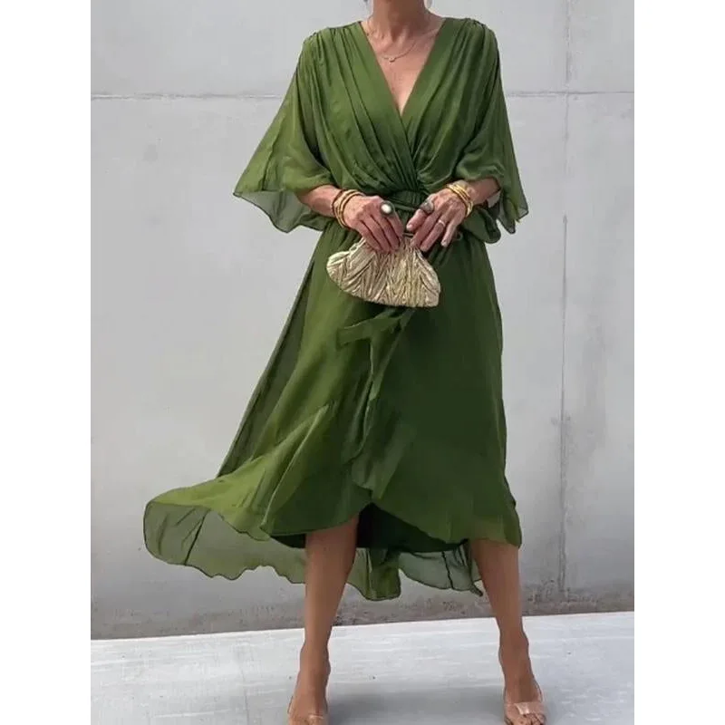 Vestido elegante de manga corta con cordones verdes para mujer, vestidos irregulares de gasa con cuello en V y mangas de murciélago a la moda para primavera y verano