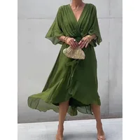 Robe en mousseline de soie à manches courtes à lacets pour femmes, robes irrégulières, col en V, manches chauve-souris, vert, élégant, à la mode, printemps, été 1