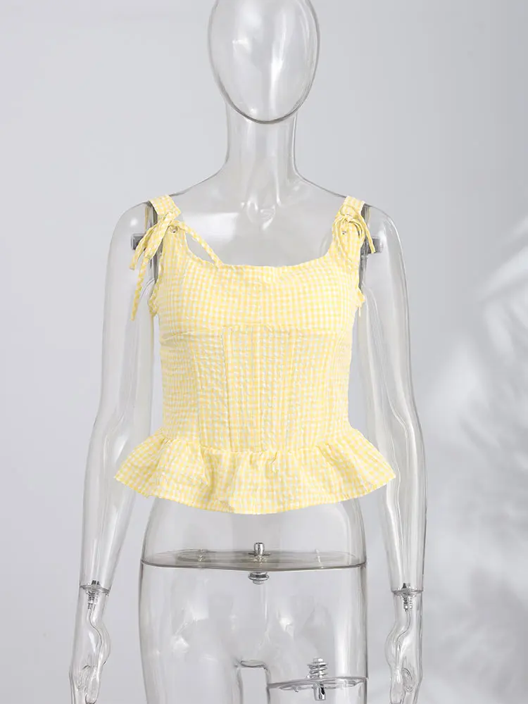 Sexy Plaid Sling Top Corset Women V-neck Sleeveless Back Lace Up Ruffle Hem Slim Fit Top Vest Female Summer New Chic Casual Top