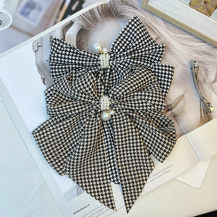 Vintage Thousand Bird Grid Large Bow Hairpin with Satin and Pearl Hairpin