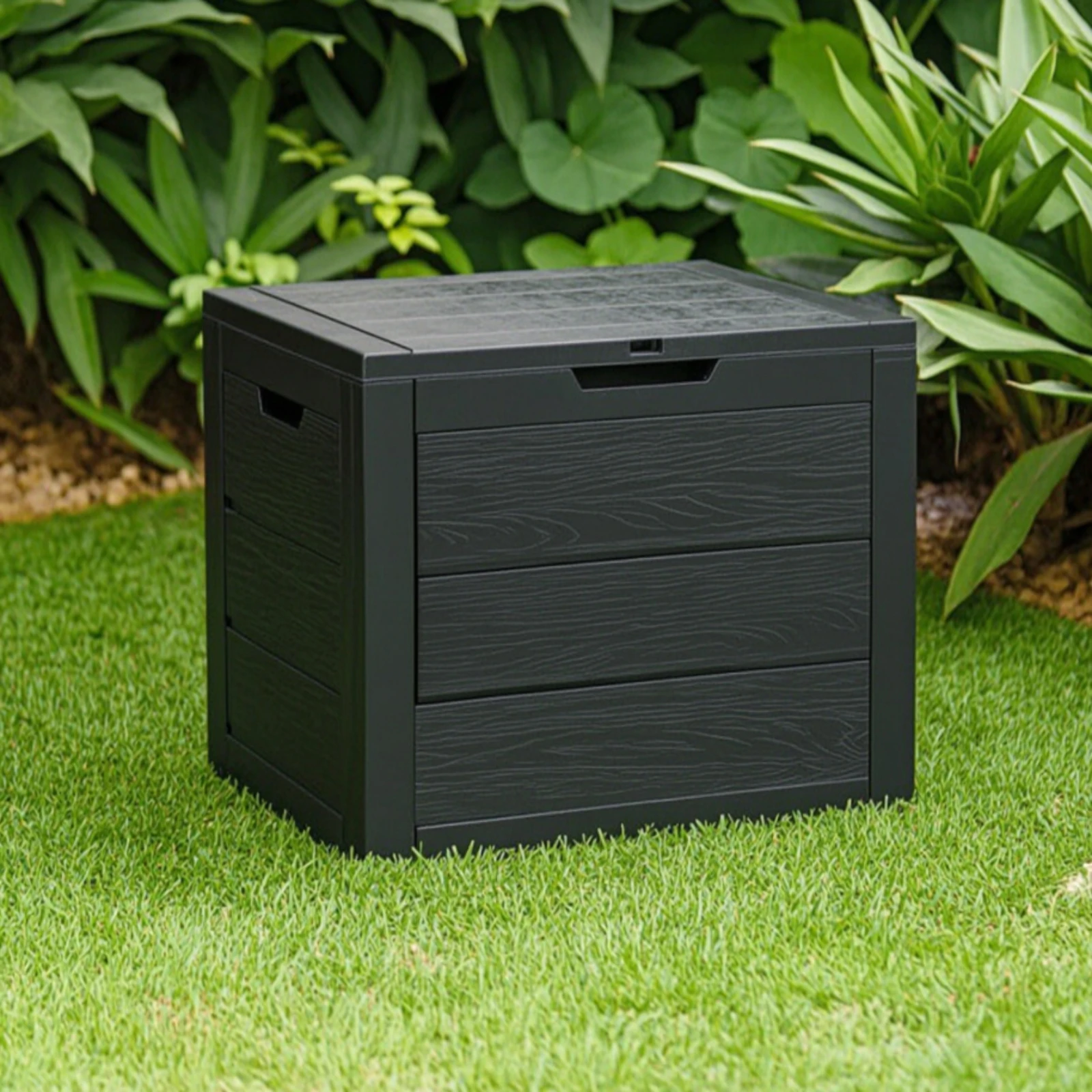 Outdoor Storage Box Lockable Storage Box with Hinged Lid Garden Chest Plastic Wood-Look for Homeowners, Patio, Backyard