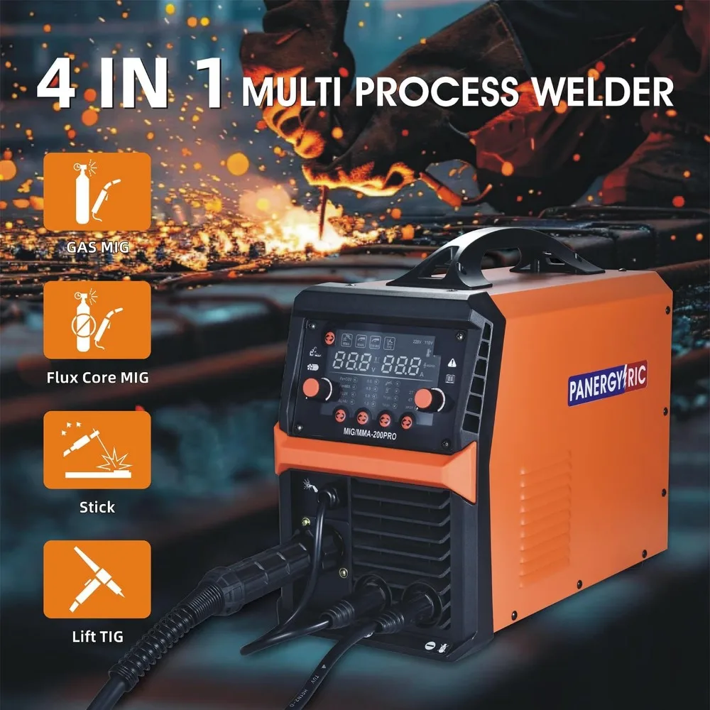 Mig Welder 200A Synergic Wire Feed Welder Портативный сварочный аппарат, 4 в 1 Газовый MIG/Flux Core MIG/Stick/Lift TIG Multi-Process We