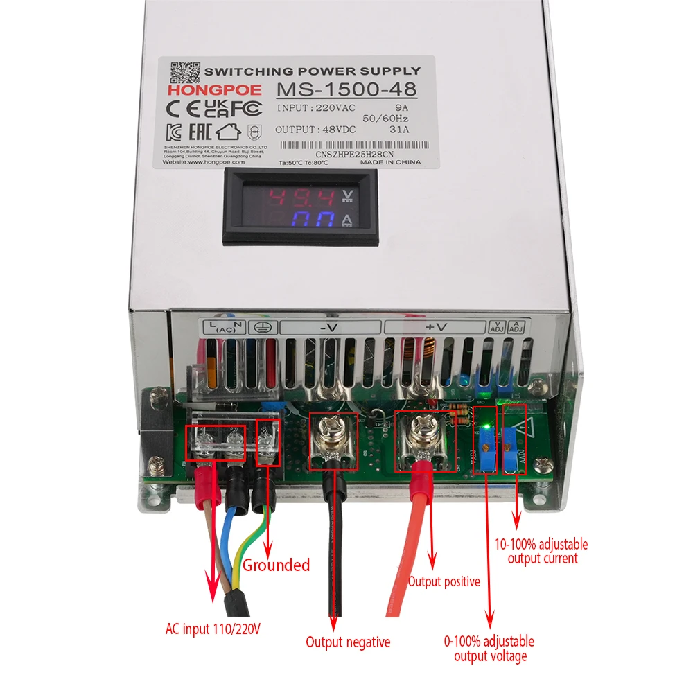 CE 1500W High-Power LED Digital Display SMPS 12-200VDC Voltage/Current Adjustable 110/220V AC to DC for New Energy Motors CCTV